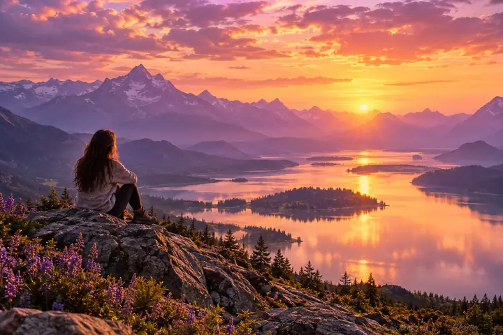 ラベンダー色の山々と水面に映る景色が美しい、夢のような夕暮れの風景